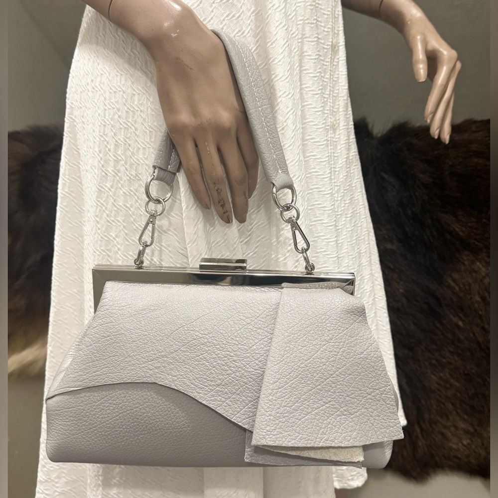 Handmade Cowhide Leather Asymmetrical Ruffles Metal Frame Bag, Multi Use Style - Picture 2 of 16